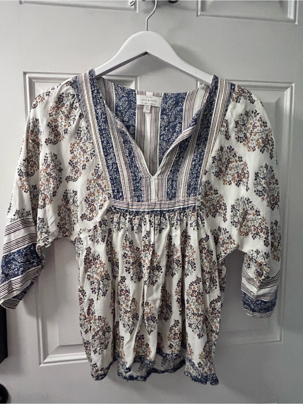 Lucky Brand Cream Blouse with Blue and Tan Floral Print
